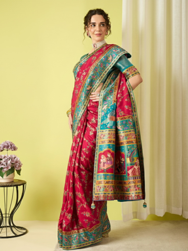 Exquisite Kalamkari Print Dola Silk Saree