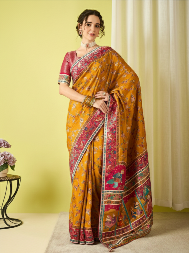 Exquisite Kalamkari Print Dola Silk Saree