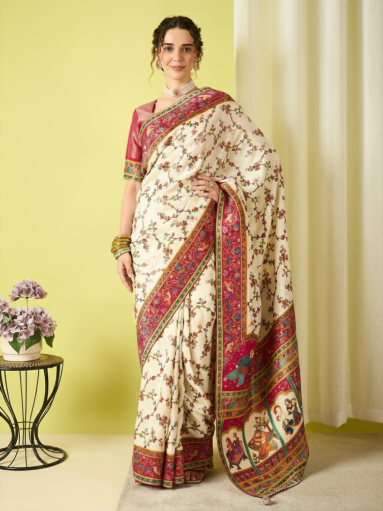 Exquisite Kalamkari Print Dola Silk Saree