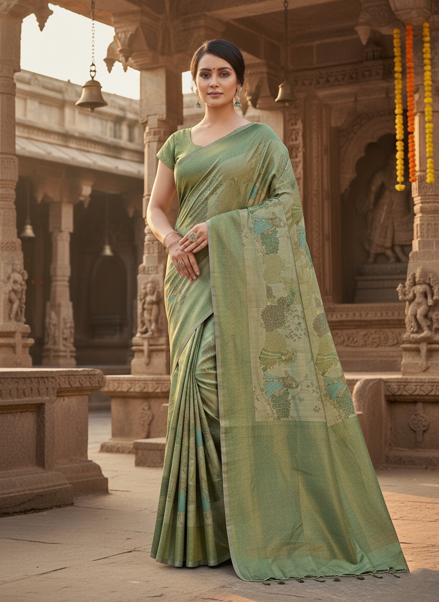 Regal Sage Green Art Silk Saree with Woven Animal Motifs