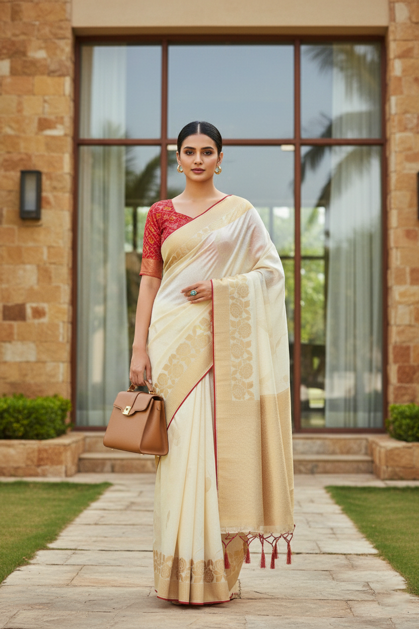"Executive Elegance" Cream and Gold Woven Silk Saree