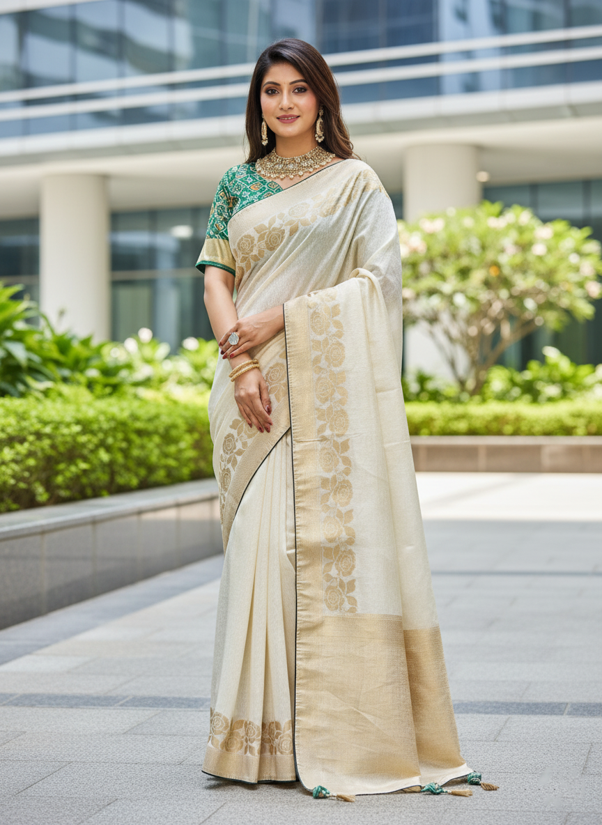 "Executive Elegance" Cream and Gold Woven Silk Saree