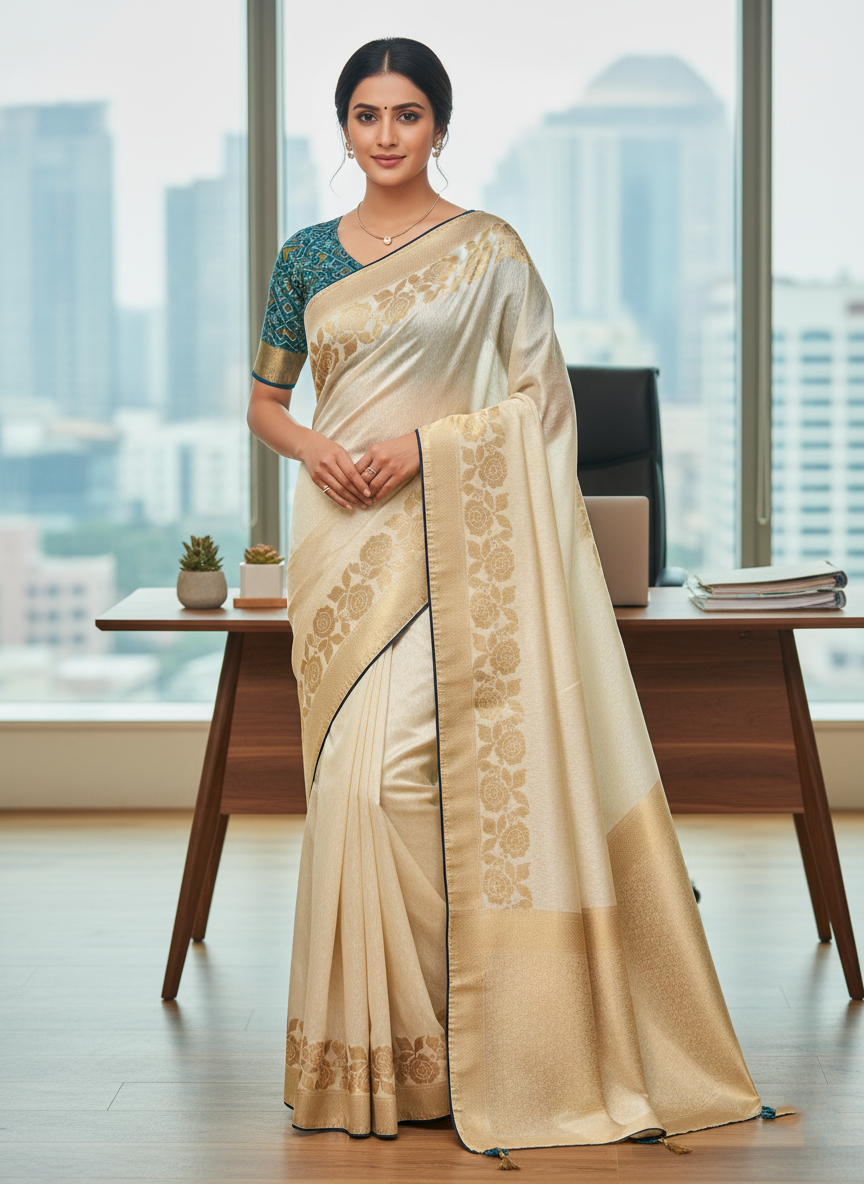 "Executive Elegance" Cream and Gold Woven Silk Saree