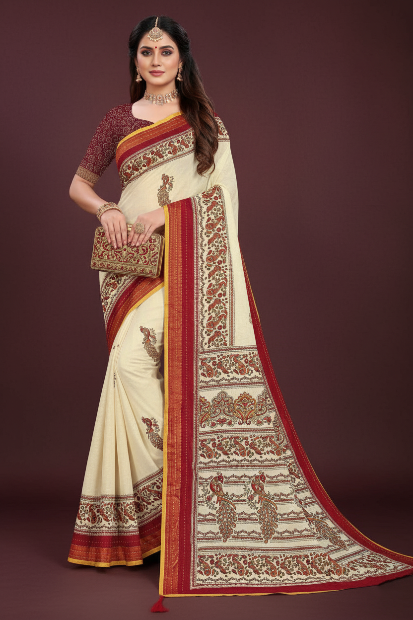 Cream & Teal Floral Print Saree
