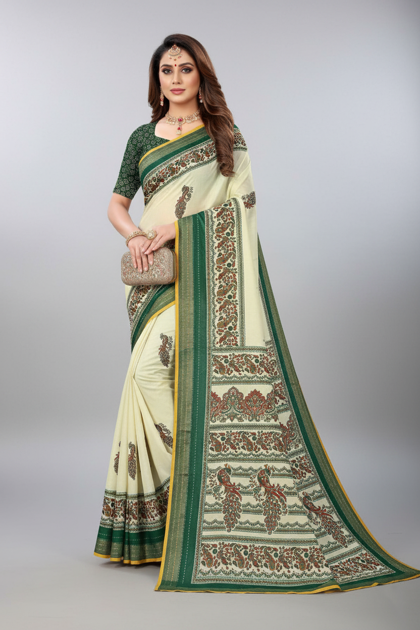 Cream & Teal Floral Print Saree