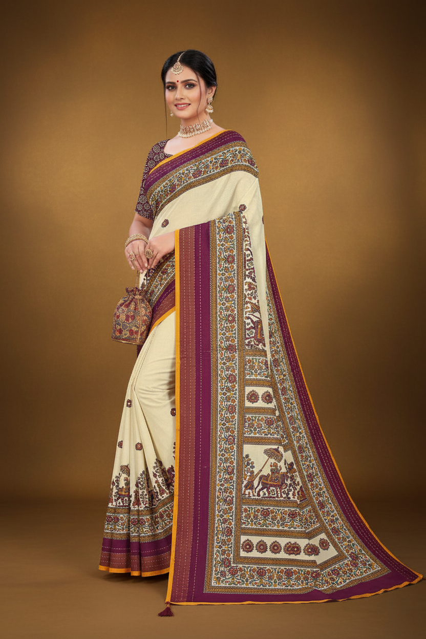 Cream & Teal Floral Print Saree