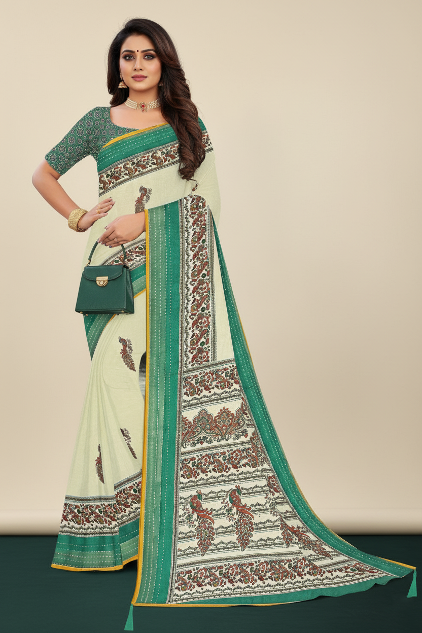 Cream & Teal Floral Print Saree
