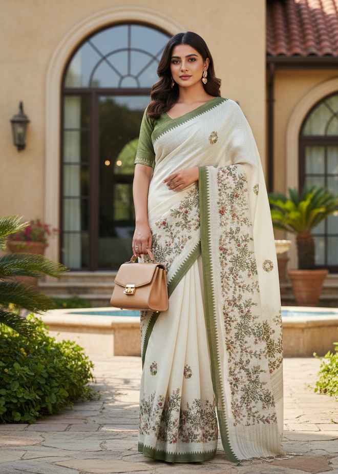 Premium Linen Saree with Intricate Floral Booti & Border Work