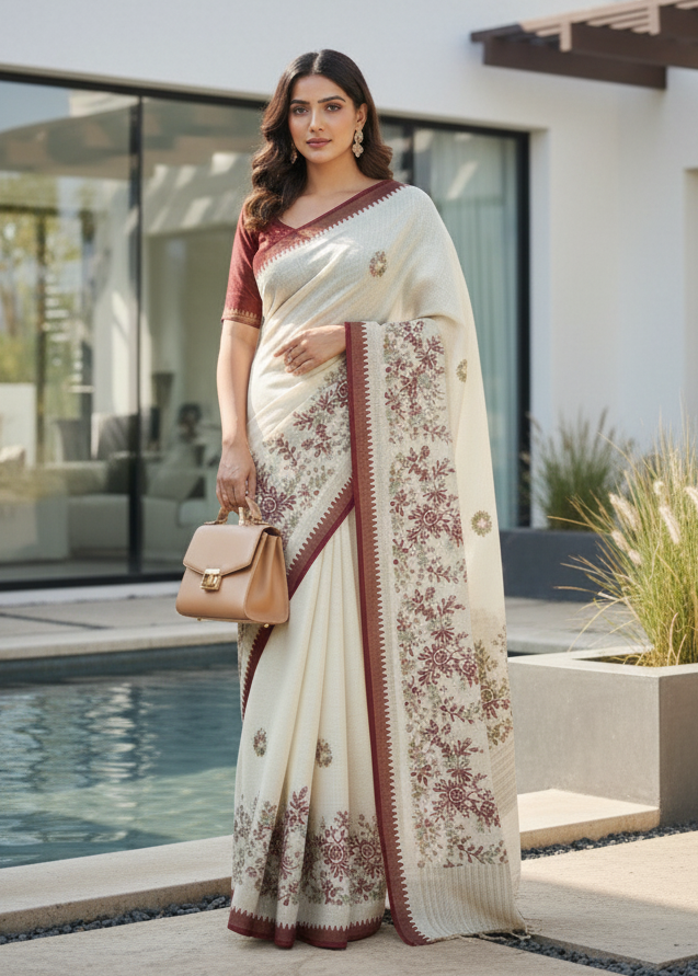 Premium Linen Saree with Intricate Floral Booti & Border Work