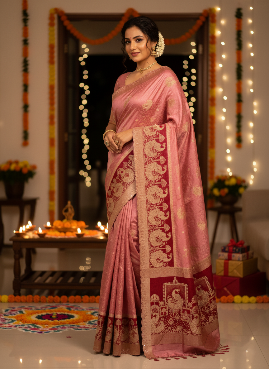 Festive Lilac Silk Saree with Traditional Figural Weaving and Zari Border