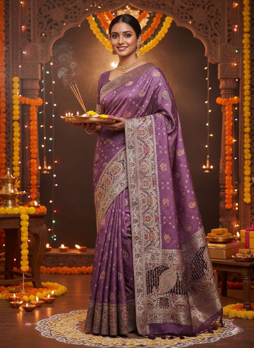 Festive Lilac Silk Saree with Traditional Figural Weaving and Zari Border