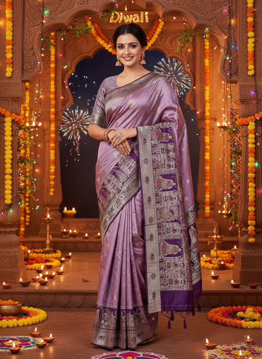 Festive Lilac Silk Saree with Traditional Figural Weaving and Zari Border