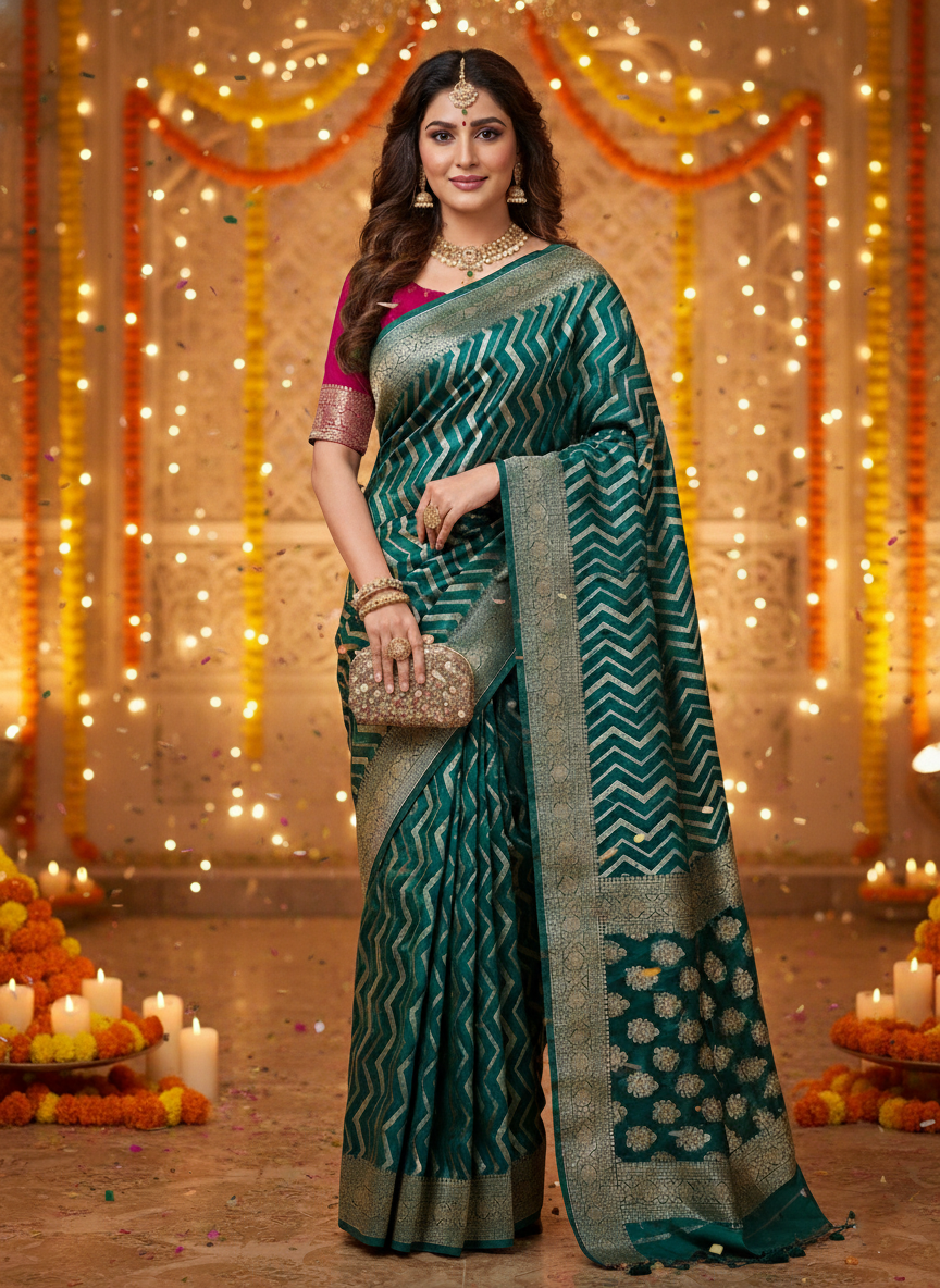 Regal Chevron Zari Woven Chhawa Silk Saree