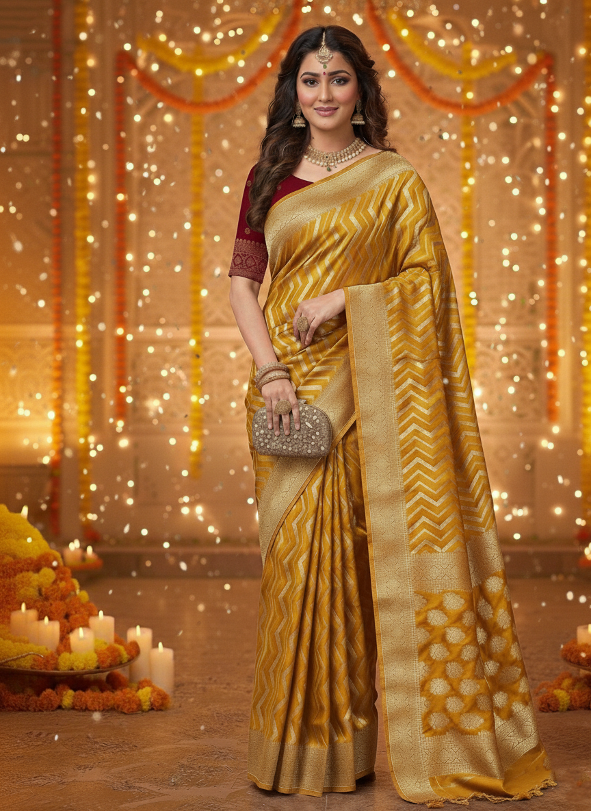 Regal Chevron Zari Woven Chhawa Silk Saree