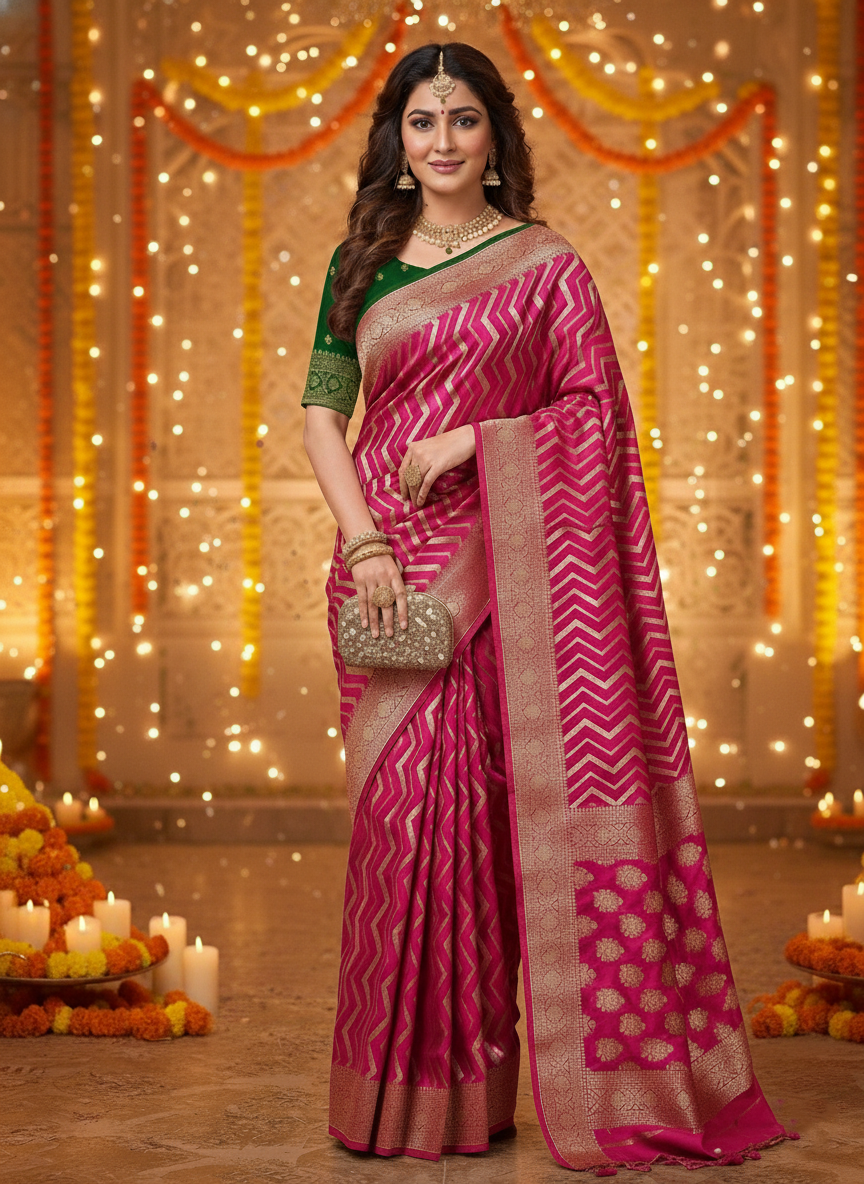 Regal Chevron Zari Woven Chhawa Silk Saree