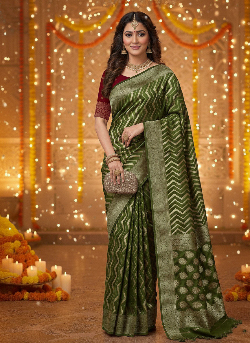 Regal Chevron Zari Woven Chhawa Silk Saree