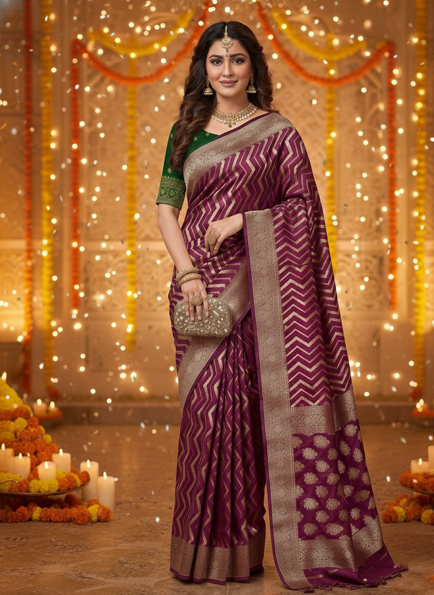 Regal Chevron Zari Woven Chhawa Silk Saree