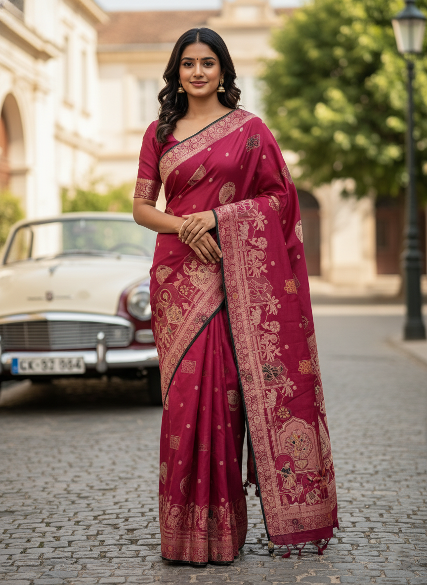 Artisan Malaiking Silk Saree with Figural Zari Woven Borders
