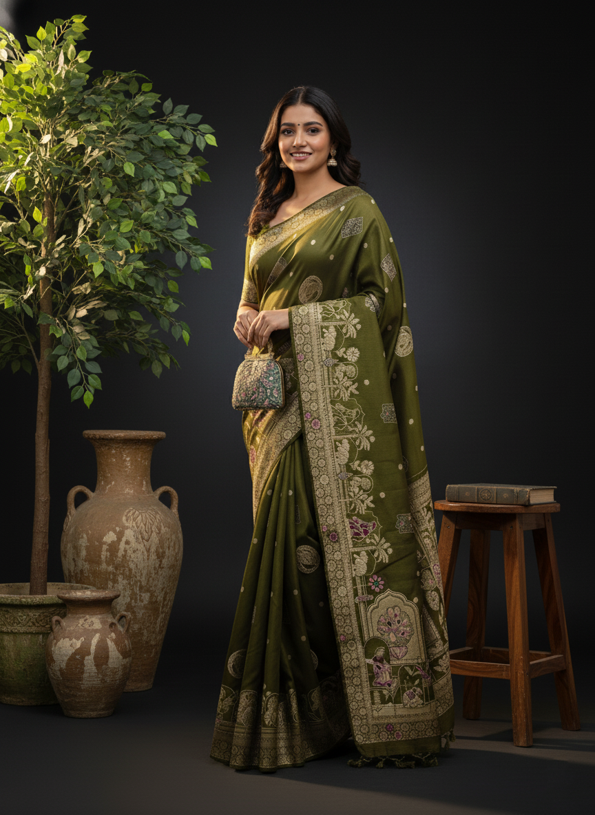 Artisan Malaiking Silk Saree with Figural Zari Woven Borders