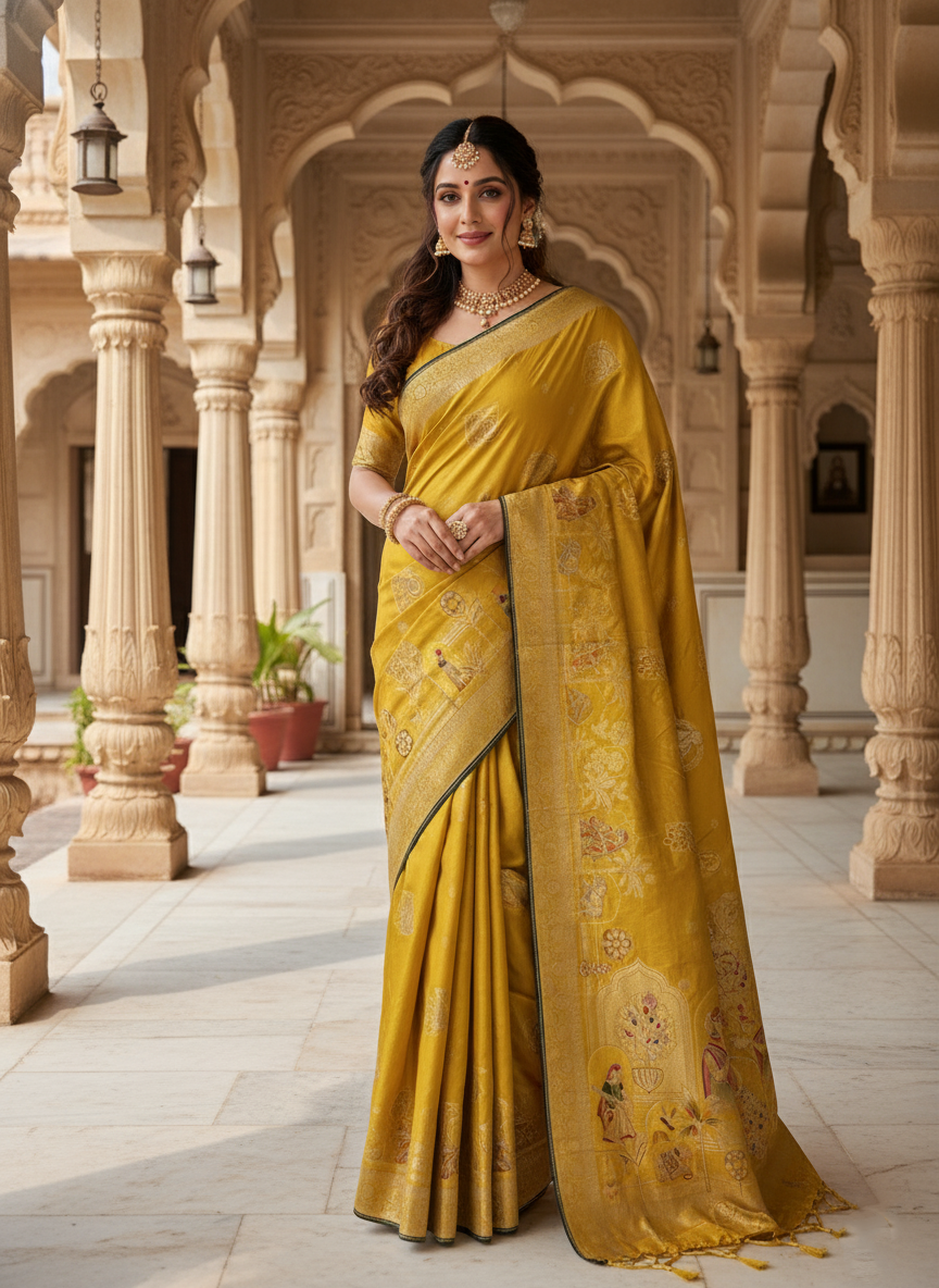 Artisan Malaiking Silk Saree with Figural Zari Woven Borders
