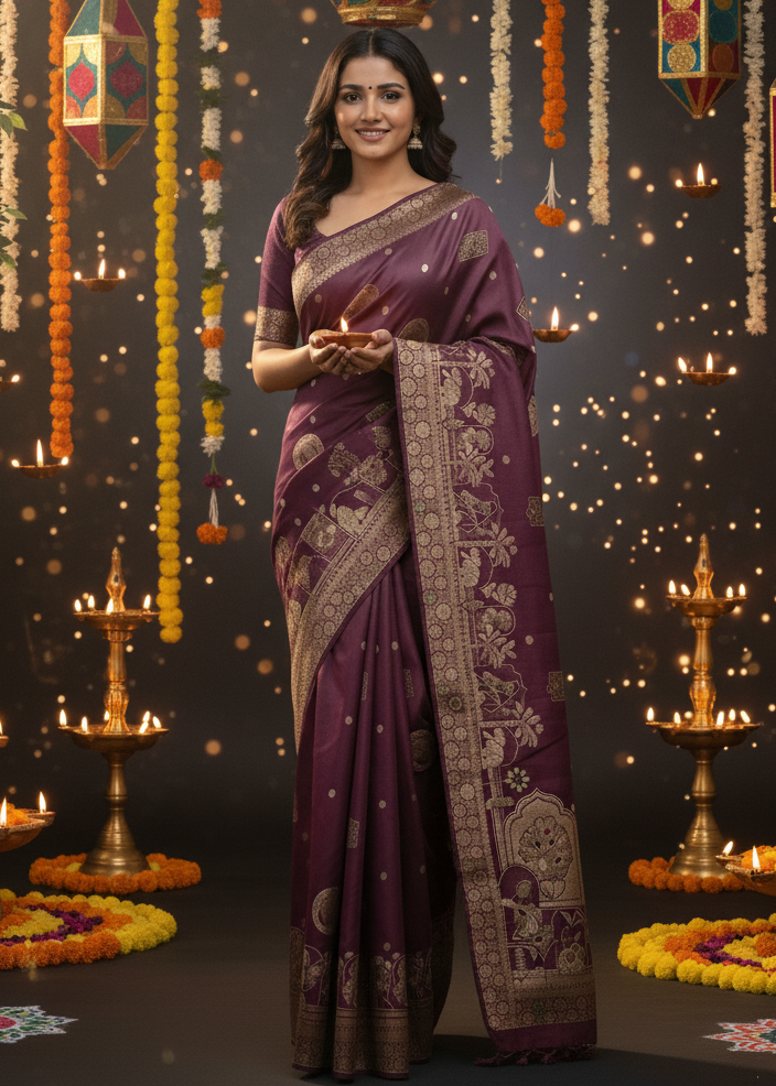 Artisan Malaiking Silk Saree with Figural Zari Woven Borders