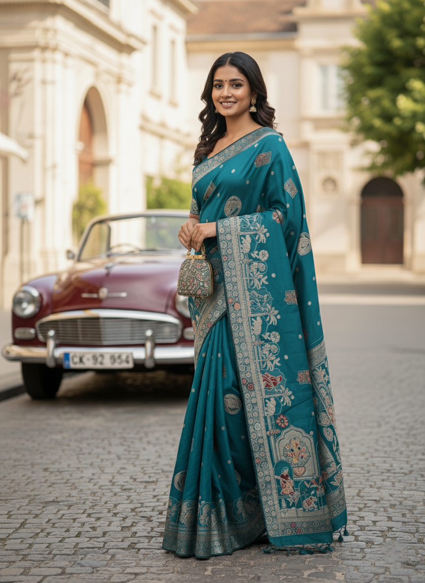 Artisan Malaiking Silk Saree with Figural Zari Woven Borders