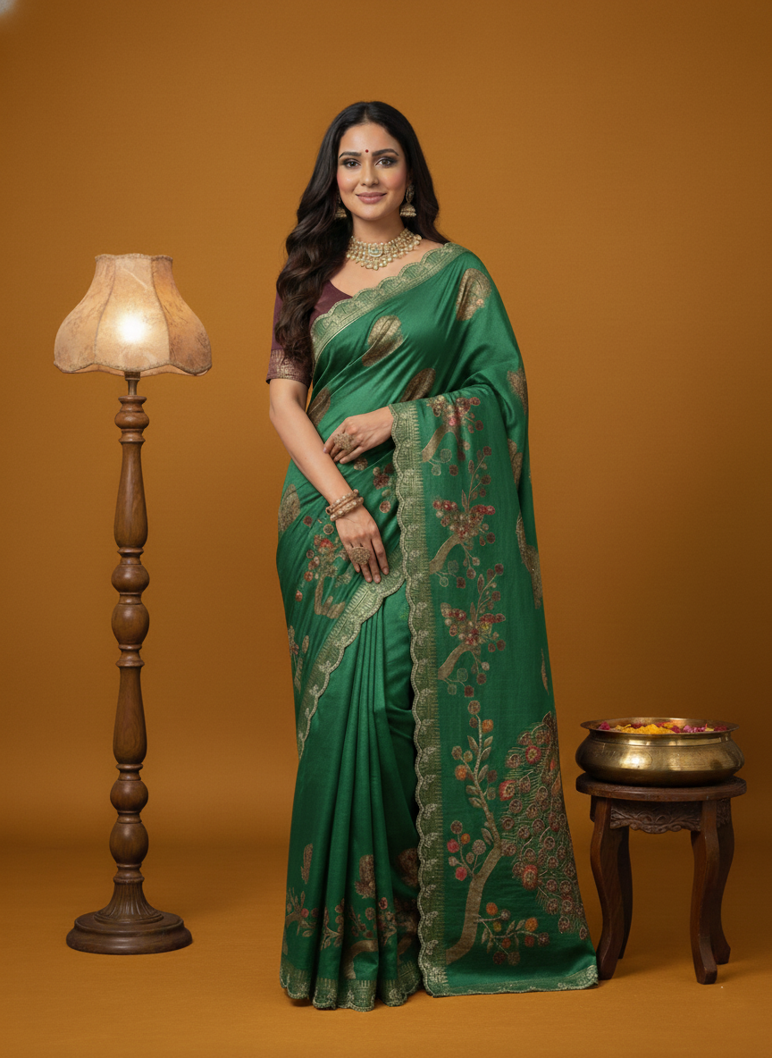 Artisan Rasberry Silk Saree with Woven 'Tree of Life' Motifs