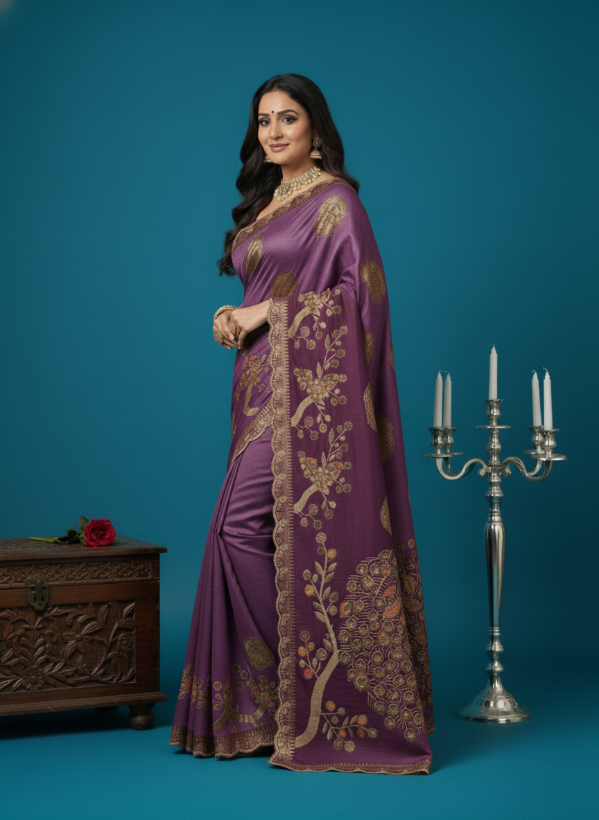 Artisan Rasberry Silk Saree with Woven 'Tree of Life' Motifs