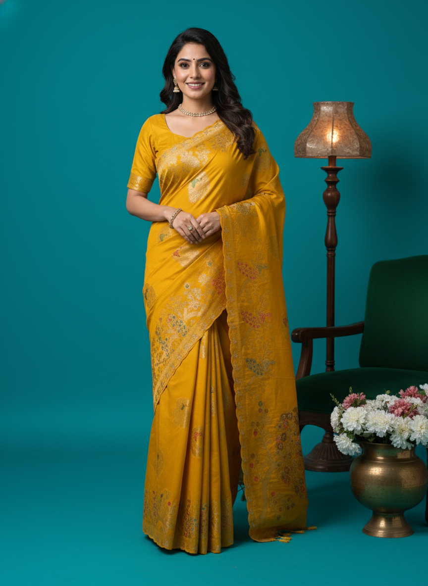 Artisan Rasberry Silk Saree with Woven 'Tree of Life' Motifs