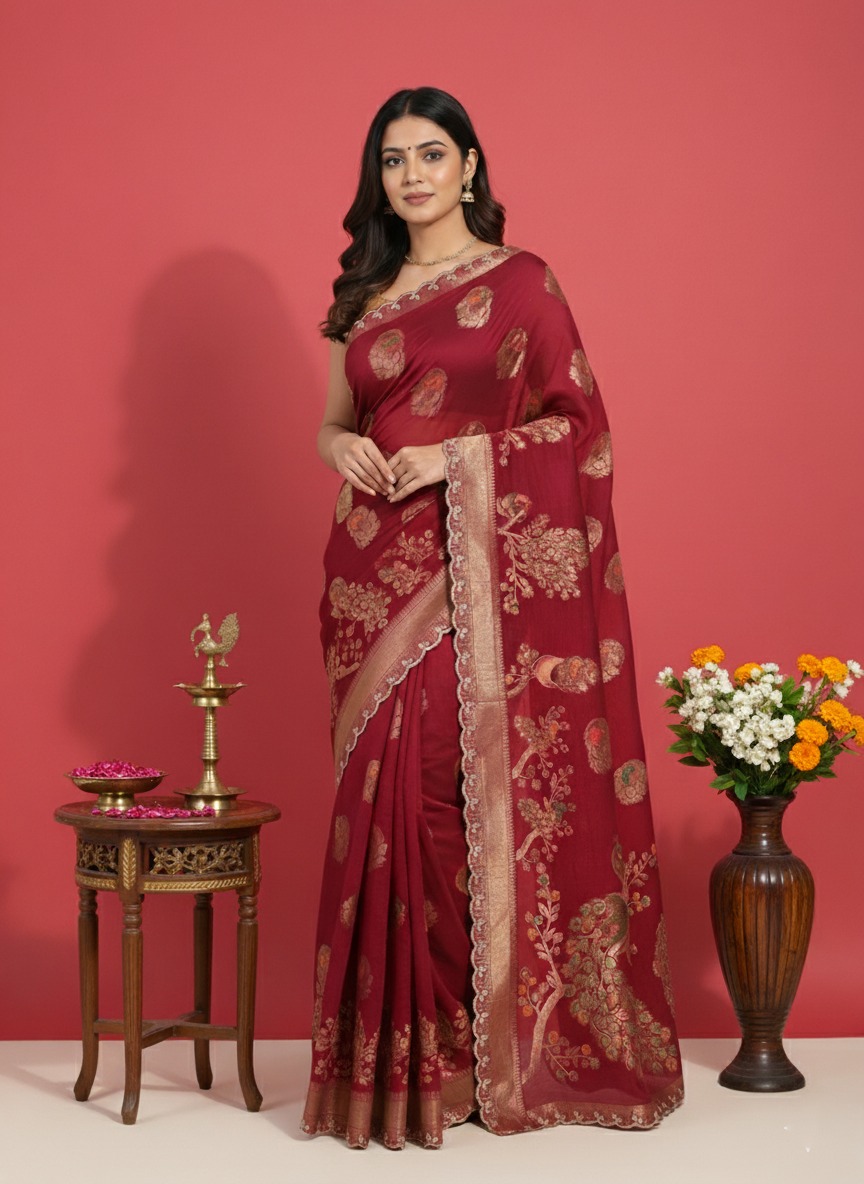 Artisan Rasberry Silk Saree with Woven 'Tree of Life' Motifs