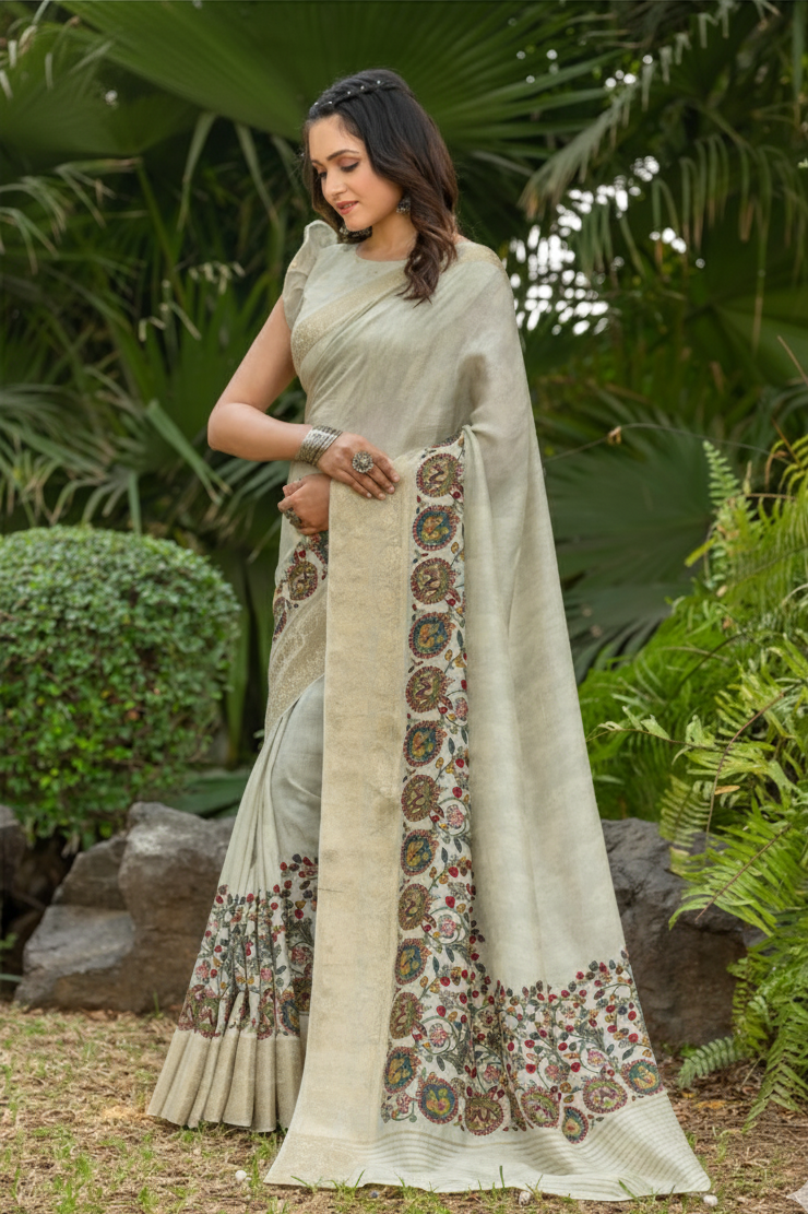 Elegant Woven Russian Chit Pallu Saree with Contrast Floral Design