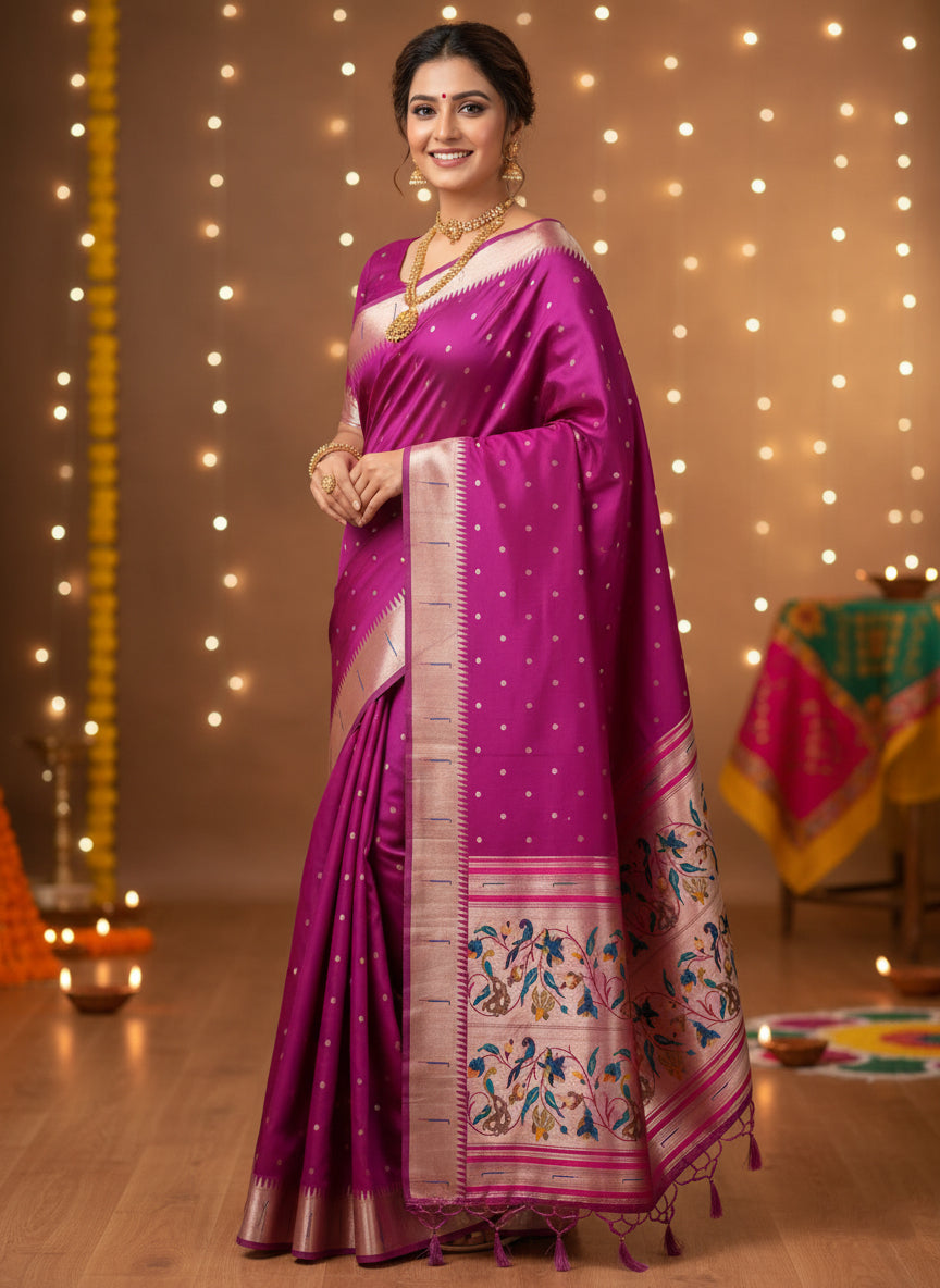 Jacquard Paithani Silk Saree with Woven Traditional Peacock Pallu
