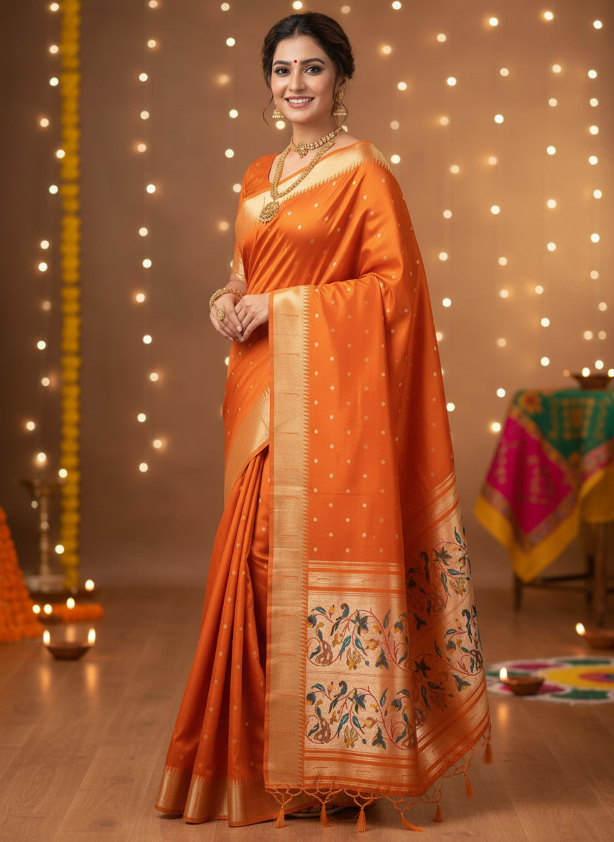Jacquard Paithani Silk Saree with Woven Traditional Peacock Pallu