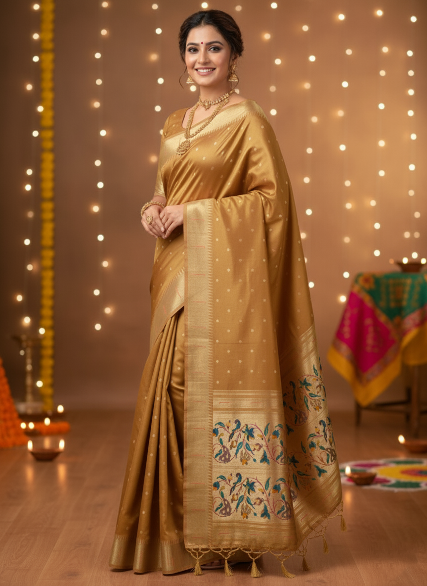 Jacquard Paithani Silk Saree with Woven Traditional Peacock Pallu