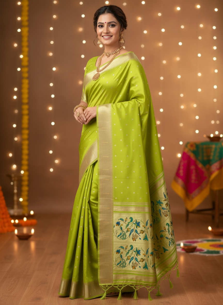 Jacquard Paithani Silk Saree with Woven Traditional Peacock Pallu