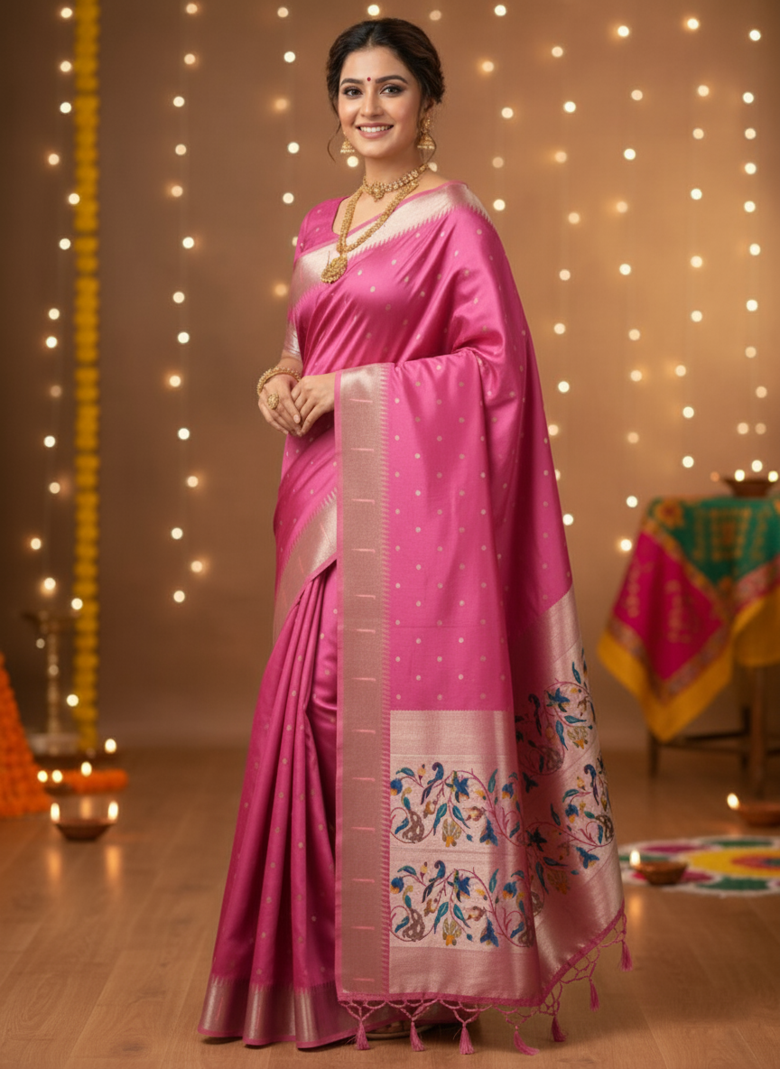 Jacquard Paithani Silk Saree with Woven Traditional Peacock Pallu