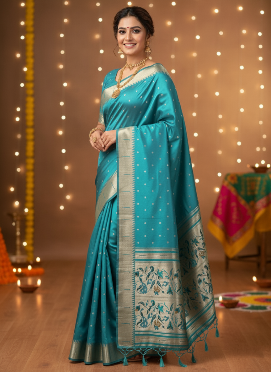 Jacquard Paithani Silk Saree with Woven Traditional Peacock Pallu